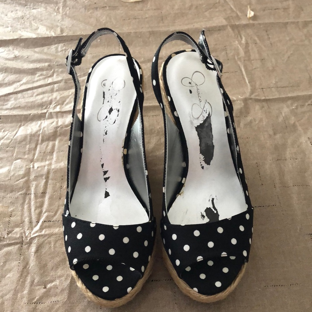Jessica Simpson wedge black white polka dot open toe sandals size 7